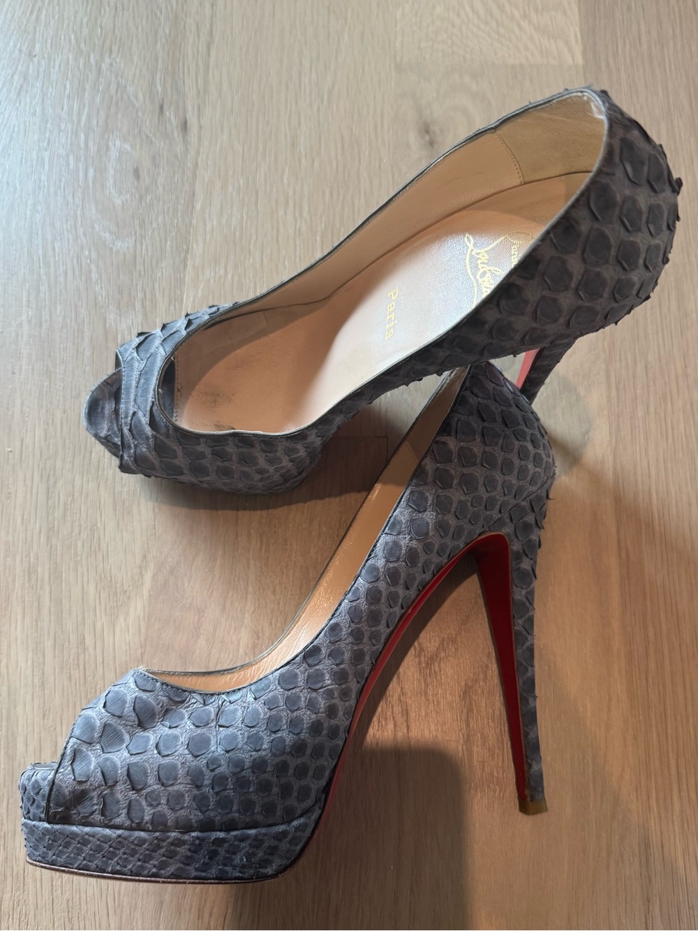 Christian Louboutin Suede Python Peep Toe Platform Sandals